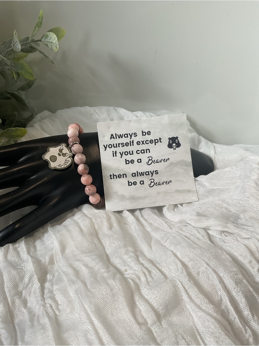 Pink Rhodonite Gemstone Beaver Stretch Bracelet & Motivational Quote Set